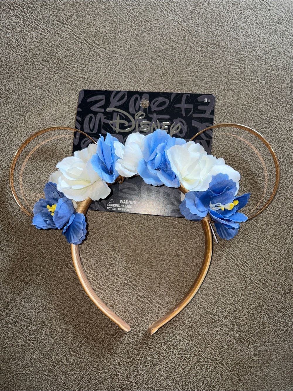 Disney Gold Minnie Ear Headband with Blue and White Floral Accents